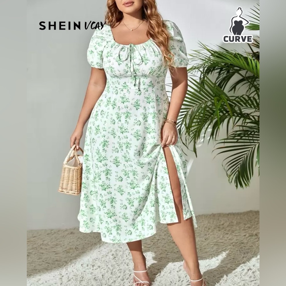 SHEIN White and Green Floral Dress